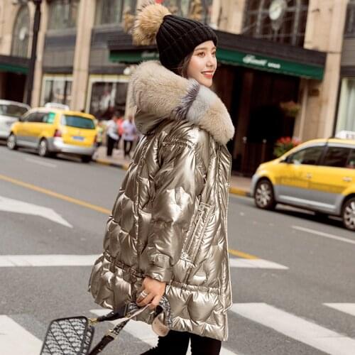 2020 New Winter Women Down jacket Glossy Natural Fur Collar Oversize Down Long Coat Female Warm Hooded White Duck Down Parka