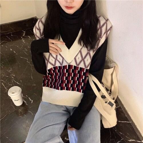 Women Sleeveless Pullover 2020 Winter Korean Style Vintage Geometric Argyle V Neck Knit Sweater Vest Tank Tops Waistcoat T497