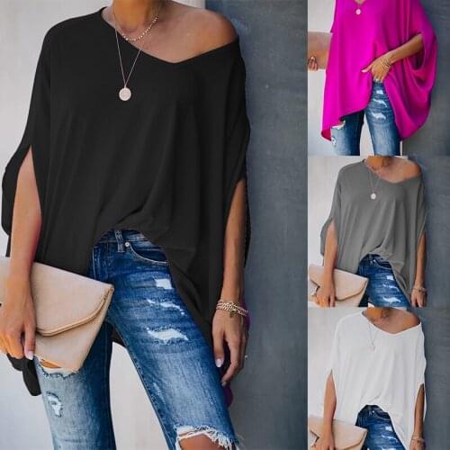 Summer 2021 Womens Long Sleeve Top Elegant V-neck Oversized Solid Color Loose Bat Sleeve T-Shirt Womens Casual Vacation Wear