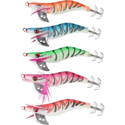 5 Pcs Mixed Color Squid Bait Hook Plastic Shrimp Jig Fishing Lures Hooks Wood Artificial luminous Jigging Lure with Bag