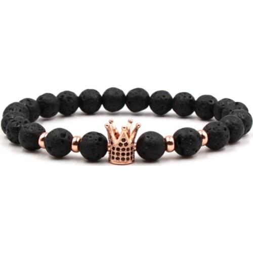 8mm thn3 elastic adjusted nature Frosted agate Onyx black stone volcanic lava micro pave Crown cz cubic zirconia Bracelet