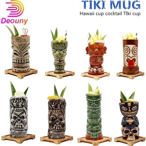 DEOUNY Tiki Mug Cocktail Tumbler Ceramic Hawaiian Glass Luau Party Mugs Drinkware Exotic Glasses Bar Professional Barware