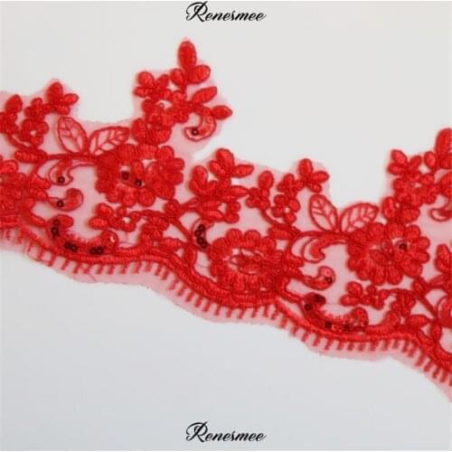 Delicate 2Yds Red Cording Fill in Sequin Fabric Flower Venise Venice Mesh Lace Trim Applique Sewing Craft for Wedding Dec. 14cm