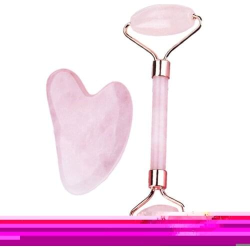 2pcs/Set Kamien Gua Sha Stone For Face Massage Rose Quartz Jade Stone Face Massage Roller Gua Sha Scraper Board Face
