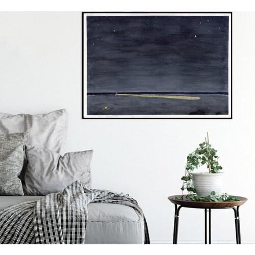 Ocean Night Illustration Canvas Print Night Sky Seascape Watercolor Abstract Art Painting Beach Wall Decor Minimalist Poster