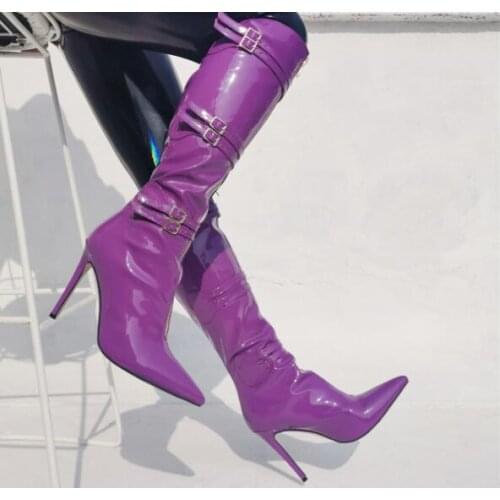 Ins Hot Woman Purple Patent Leather Pointed Toe Knee High Boots Ladys Buckles Zipper Front Slim Stiletto Heels Long Boots