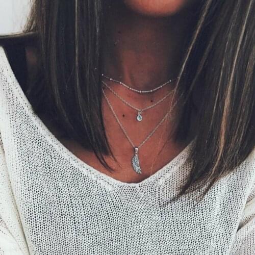 Multilayers Silver Color Beads Chain Choker Necklace for Women Statement Fashion Crystal Angel Wings Pendant Necklace Jewelry