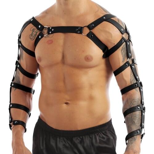 Iiniim Mens Gay Gothic Punk Faux Leather Bondage Arm Caged Body Chest Muscle Harness Costume Belt with O Rings Costumes Clubwear