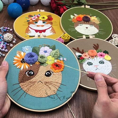 20cm DIY Flower Cat Embroidery Handcraft Needlework Cross Stitch Kit Cotton Embroidery Painting Embroidery Hoop Home Decor