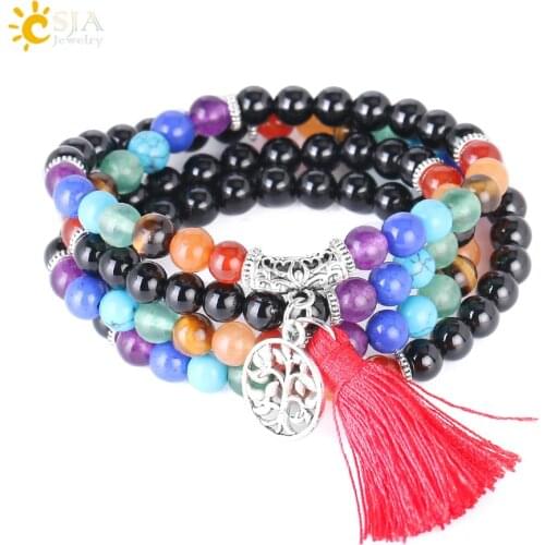 CSJA Natural 7 Chakras Ethnic 108 Mala Beaded Bracelets Healing Meditation Black Onyx Gem Stone Women Men Bohemian Jewelry E665