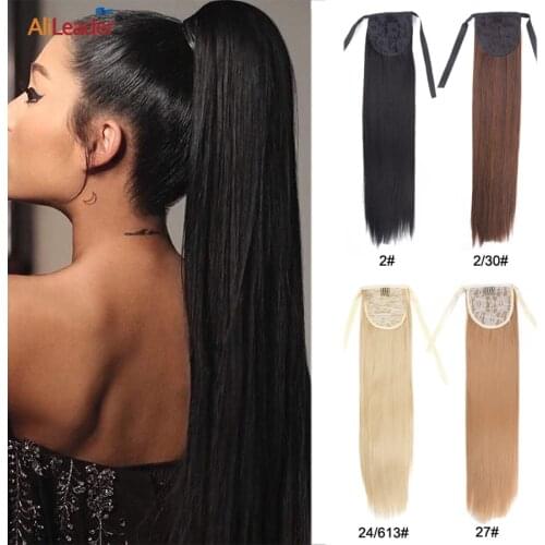 Alileader Cheap Ponytail Ombre Wrap Around Clip In Ponytail Hair Extension 20Inch Long Straight Synthetic Pony Tail Fake Hair