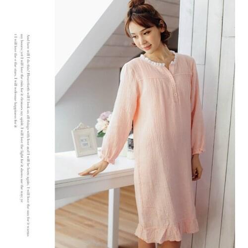 Summer Women Pyjamas 100% Cotton Gauze Water Washing Cotton Nightgown Long Sleeve Sleepwear Solid Round Neck Long Sleepshirts