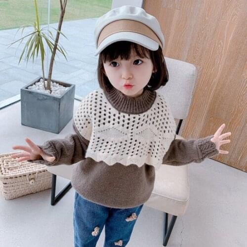 New Spring Winter Girl Casual Pullover Sweater Childrens Knitted Kids Cute Warm Loose Thicken Lace Long Sleeve Beige Brown