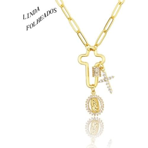LINDA FOLHEADOS New Design Women Jesus Jewelry Golden Cubic Zirconia Copper Pendant Charm Necklace Classic Link Chain Gift