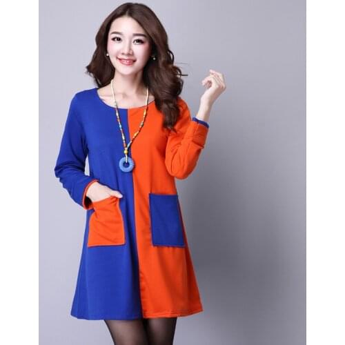 Autumn Long Sleeve Dress Casual dress Women Dress Plus size Womens clothing 2 Big Pockets O-Neck Mini Dress vestidos