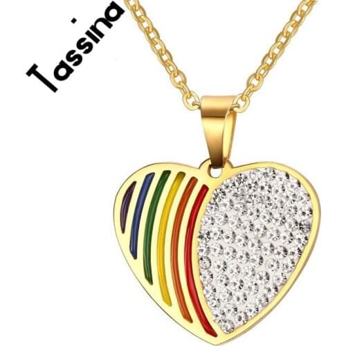 Tassina Gay Pride Rainbow Heart Shape Pendant Necklace With Rhinestone Stainless Steel Lesbian Jewelry For Women JSF-N040