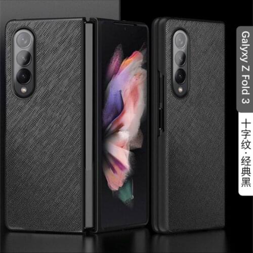 Genuine Leather Cross Pattern Full Protective Shockproof Back Cover For Samsung Galaxy Z Fold3 Fold 3 5G Case 7.6" Capa Funda