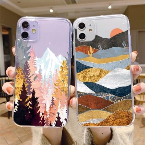 Transparent Mountain Tree Sun Pattern Case For iPhone 7 8 6 6S Plus Xs 12 11 Pro Max XR X 10 4S 5C 5 5S SE 2 2020 Silicone Coque
