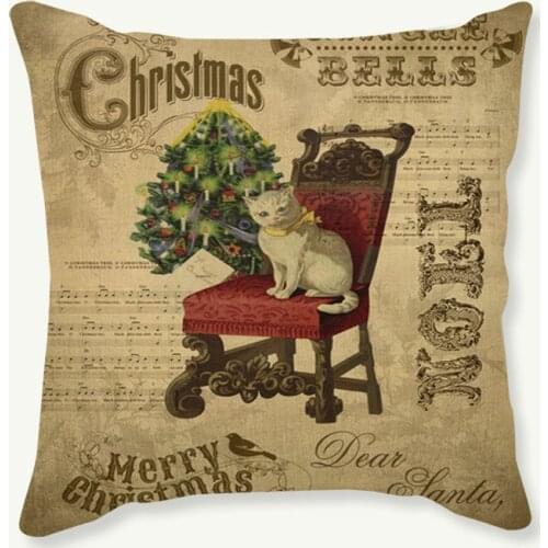 Christmas Decoration Vintage Style Cat Garland Letter Cushion Cover White Snowflake Home Decor Sofa Chair Throw Pillow Cover