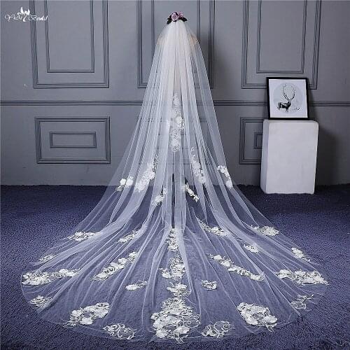 RSV92 Real Pictures Yiaibridal Stock One Layer Big Flower Pattern Appliques Voile De Mariee