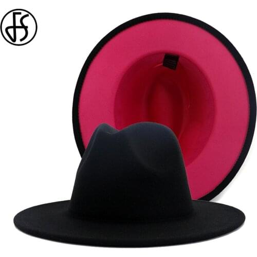FS New 60CM Hats Outer Black Inner Rose Red Patchwork Wool Felt Jazz Hat Men Women Wide Brim Fedora Hats Panama Party Trilby Cap