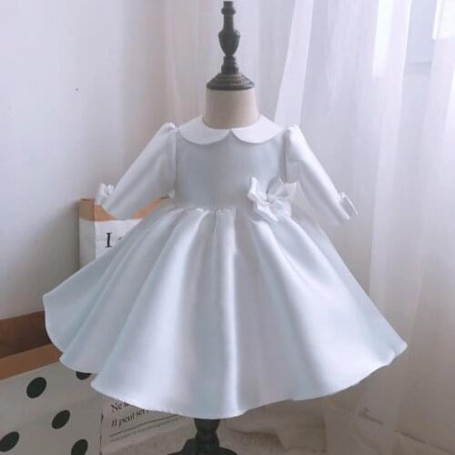 White Lace Costume Girls Evening Christmas Princess Dress Long Sleeve Wedding Party Dresses Beads Vestido Children Prom Clothes