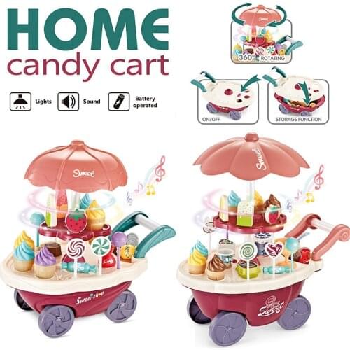30 PCS Rotating Ice Cream and Candy Cart Pretend Play Food Supermarket Trolley Toys with Rotating Light and Melody for Girls