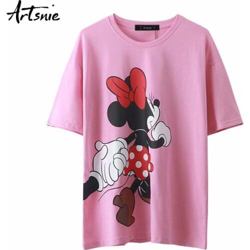Artsnie streetwear cartoon print women t shirt summer 2020 o neck short sleeve tops female casual pink oversized t-shirt mujer