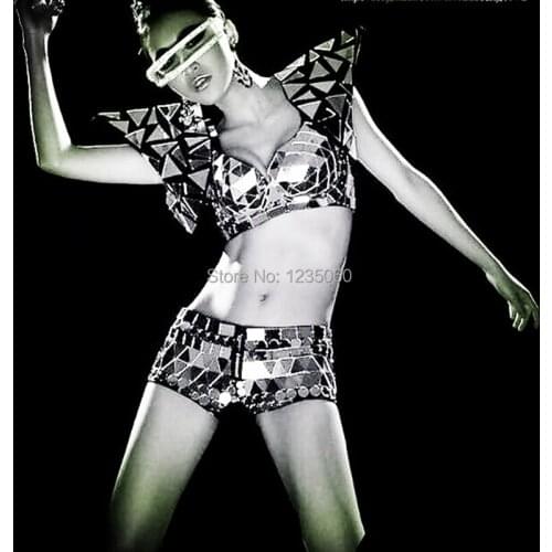 Female costumes singer dancer Hot-selling silver reflective lens material ds classic three pieces set mirror Christmas bar show