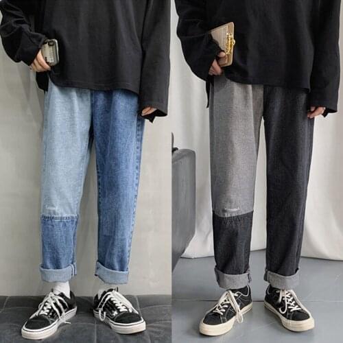 2021 Women Couple Straight Fitting Jeans Color Block Patchwork Chic Wild Harajuku Stylish Trousers Daily Wear Denim Pants