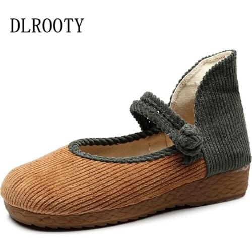 Women Shoes Corduroy National Style Flat Mixed Colors Button Round Toe Casual Female Fashion Spring Autumn Platform
