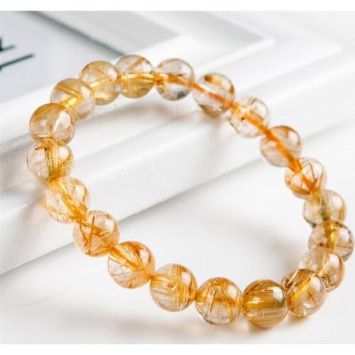 9.5mm Genuine Natural Rutilated Quartz Bracelet Gold Gem Stone Stretch Crystal Round Bead Bracelets For Women Female