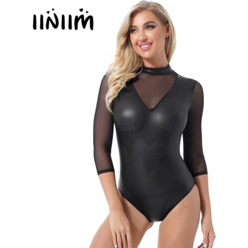 Womens Faux Leather Bodysuit Hollow Out Nightclub Stage Show Clubwear Mock Neck Mesh Long Sleeve Zipper Back Lingerie Catsuit