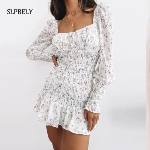 SLPBELY Floral Print White Dress For Women Summer Elegant Square Collar Long Sleeve Blackless Ruffle Dress A Line Dress Vestido