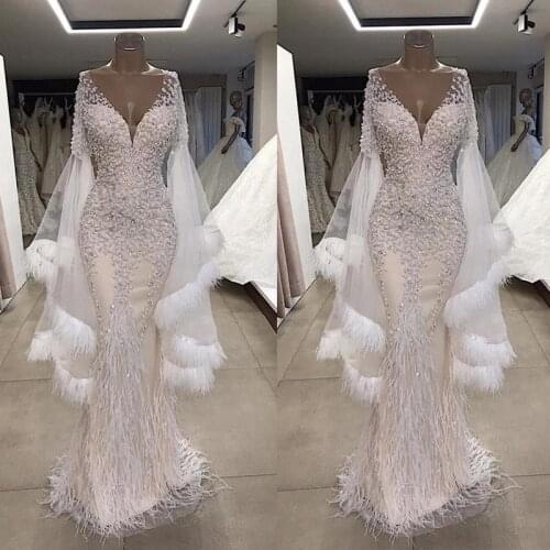 New Mermaid Beading Wedding Dresses Women Luxury Flare Long Sleeve Bridal Gowns Ostrich Feather Plunging V Neck robes de mariée