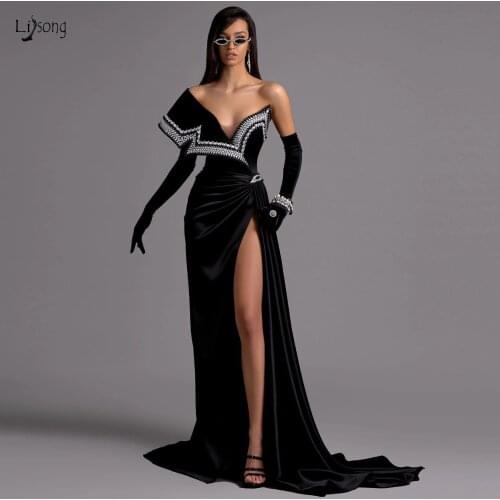 Modern Black Velour Mermaid Evening Dresses With Pearls Beaded Sexy Side Split Long Prom Gowns One Shoulder Vestidos Formales