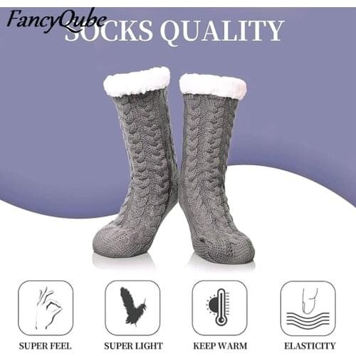 Winter Women Thick Cozy Fuzzy Fleece-lined Thermal Non-Skid Slipper Socks Wool Cashmere Socks