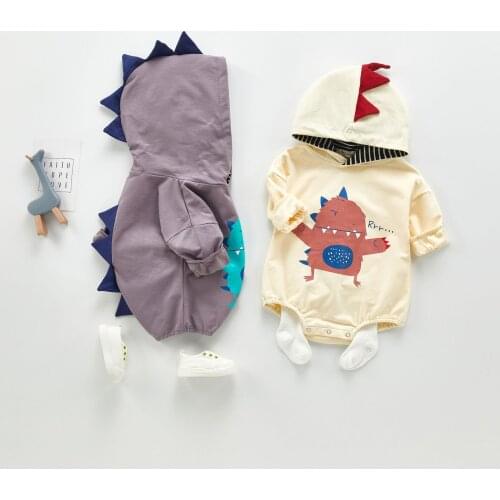 2021 Cotton Dinosaur Style Romper for Infant Boys Girl Cartoon Print Hooded Jumpsuit long Sleeve Baby Toddler Kids Robes Clothes