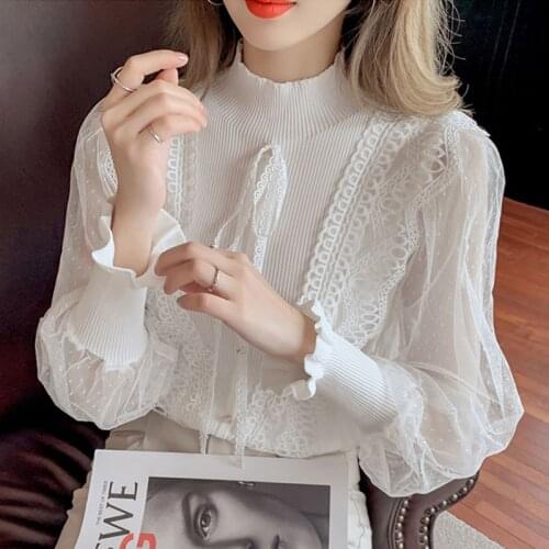 Blusas 2021 Autumn Stand Collar Bow Tie Blouse Women Korean Ruffle Shirt Stitched Chiffon Bottomed Sweater Hollow Shirt 16847