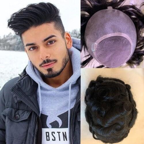 BYMC 8*10" Hair Replacement Systems Mono Lace NPU Indian Remy Hair Toupee Mens Hair Piece Stock