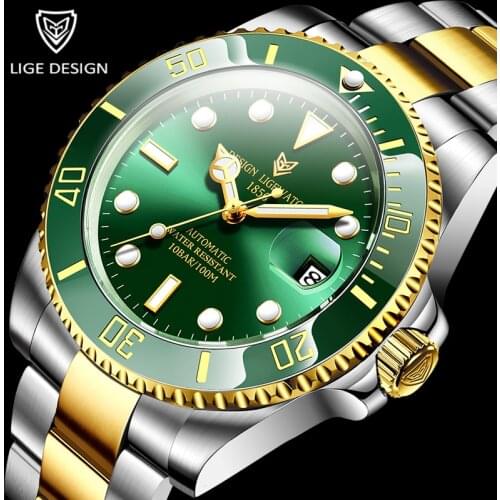2021 New LIGE Mechanical Wristwatch Luxury Brand Men Watches Automatic Gold Stainless Steel 100m Waterproof Business Watch Men