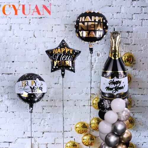 CYUAN 1pcs Happy New Year Foil Balloons Wine Bottle Star Helium Balloon Near Year Merry Christmas Party Decor Air Balls Globos