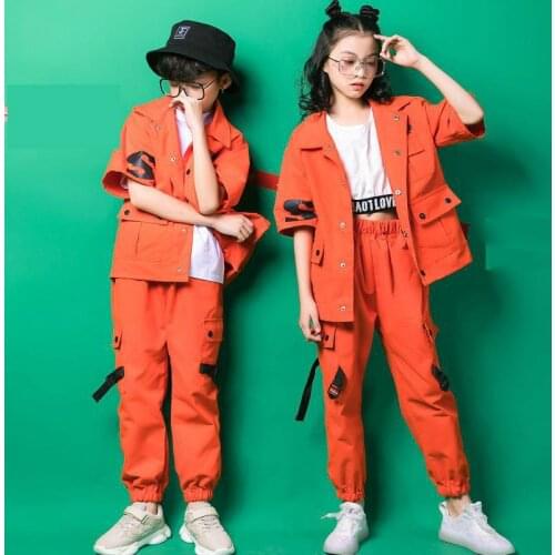 Kids Jazz Hip Hop Dance Costumes Orange Jacket Top Loose Casual Pants For Girls Boys Hiphop Street Ballroom Dancing Clothes Wear