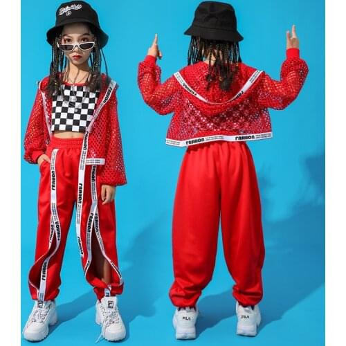 Red Hip Hop Dance Costume Kids Jazz Dance Clothing Girls Suit Vest Coat Pant New Performance Suit Children Stage Clothes BL3337