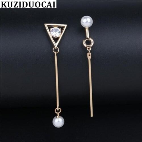 Kuziduocai New Fashion Jewelry Steel Ear-Needle Keep Color Asymmetry Zircon Pearl Stud Earrings For Women Gifts Brincos E-816