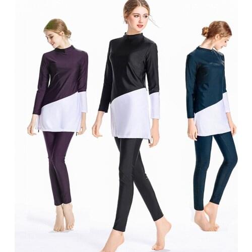 Muslim Swimwear New Women 2 Color Patchwork Long Sleeves Sport Swimsuit Islamic Burkinis Wear Bathing Suit