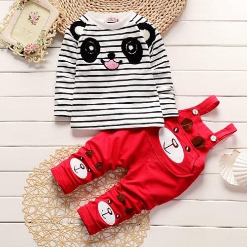 New Kids Clothes Baby Girl Clothes Cotton Cartoon Cute Bear Striped Long Sleeve Tops+Overalls Pants Soft Baby Boy Clothes 0-24M