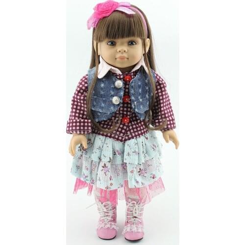 AMERICAN PRINCESS 18'' 45CM GIRL Brown Long hair Jean vest Dress Reborn full vinyl newborn baby doll girls gift