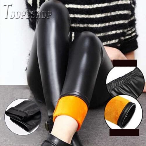 2019 Lining With Fluff Imitation Leather Winter Women Leggings Slim Oversized Skinny Thick Female Pants