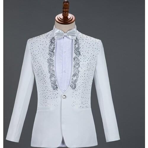 Stage Chorus Men Dresses Red Sparkly Crystals Embroidery Blazers Suit Wedding Groom White Suits Singer Host 2-Piece Set Costume